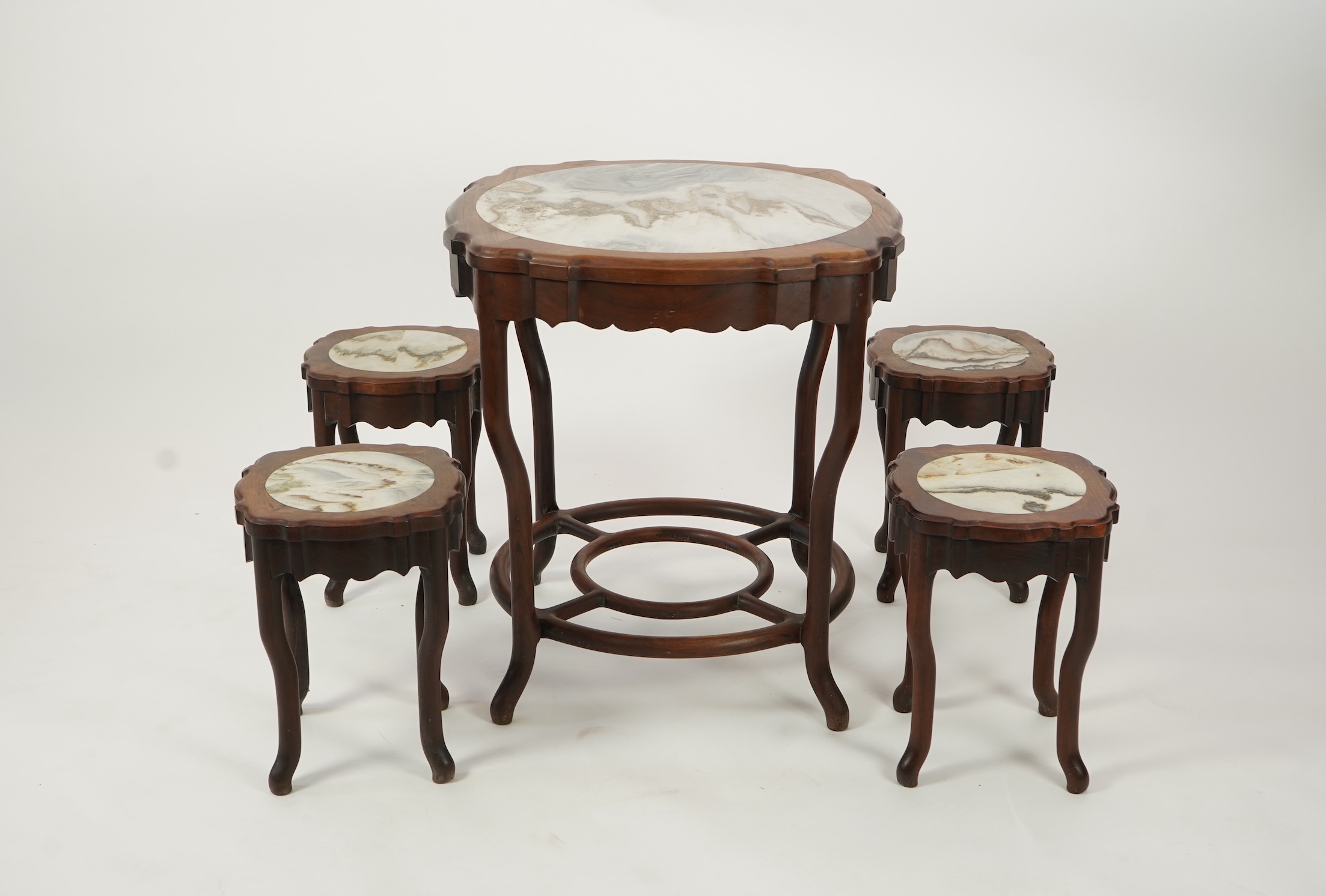 A Chinese dreamstone marble inset hongmu table and four matching stools